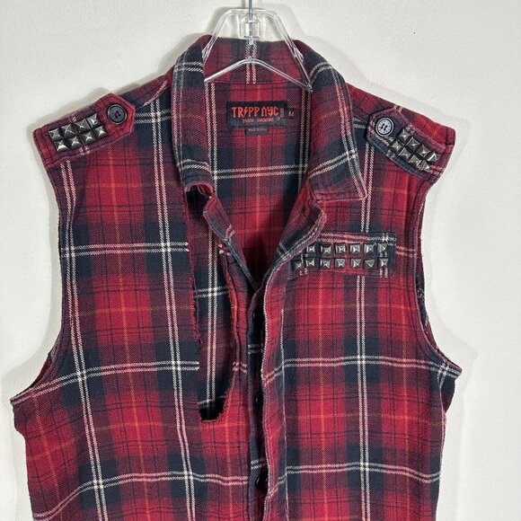 Tripp NYC Plaid Shirt Unisex Red Plaid Button up Distressed Studs Size M Medium - Picture 2 of 6